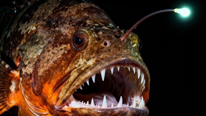 Deep sea anglerfish with bioluminescent lure and sharp teeth showcasing underwater wildlife and ocean depths in a captivating close up view of this fascinating marine creature