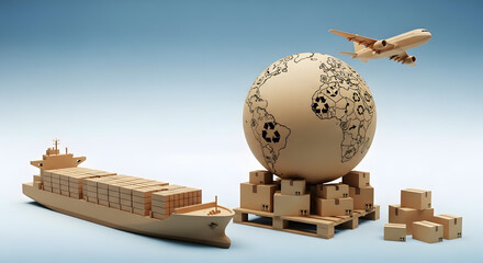 Global Logistics and Shipping Concept in Cardboard Style, International Trade Illustration with Cardboard Globe and Transport, Cardboard-Themed Shipping and Delivery Scene, 3D Cardboard Render of Air,