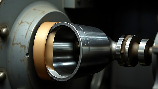 mandrel. A conical metal lathe mandrel rotating with an unfinished tube sleeve fitted over it. safety posters, maintenance manuals, designed for precision metalworking and fabrication facilities.