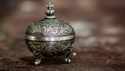 Ornate antique metal container with intricate patterns and decorative handles