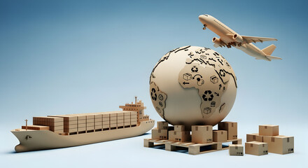 Global Logistics and Shipping Concept in Cardboard Style, International Trade Illustration with Cardboard Globe and Transport, Cardboard-Themed Shipping and Delivery Scene, 3D Cardboard Render of Air,