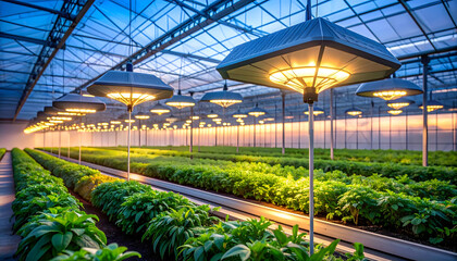 Indoor vertical farm with lush green plants growing under artificial LED lights