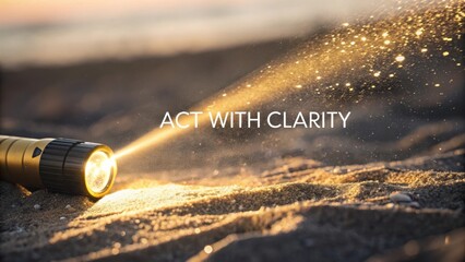 Illuminating Path with Flashlight on Sandy Beach at Sunset, Inspiring Message of Clarity and Purpose in Life