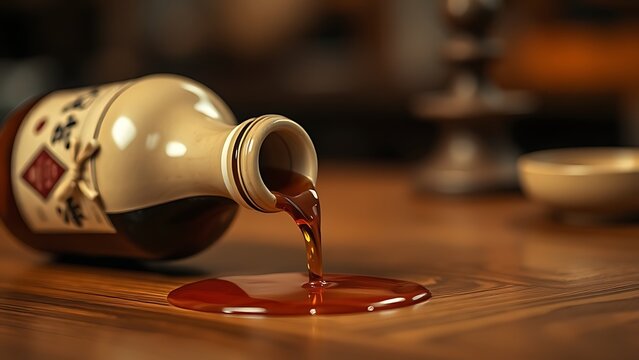 oligarchy. A traditional ceramic liquor bottle tipped over on a wooden table, liquid slowly spreading. bar promotions, beverage menus, designed for product packaging and bar promotions.