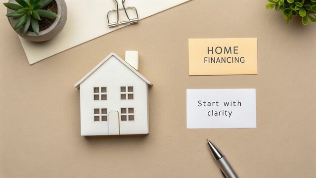 Home Financing Concept with Small House Model and Clarity Message on Beige Background for Real Estate and Mortgage Services