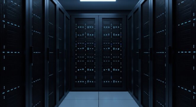 Modern server room with bright blue lights and multiple racks