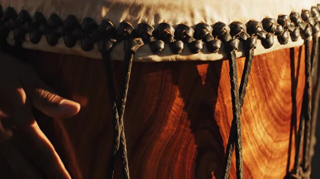 Close up of hands playing a traditional African djembe drum.