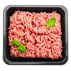 Raw fresh minced beef meat in black plastic tray isolated on white background