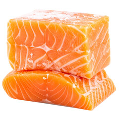 Raw frozen salmon fillet block isolated on white or transparent background