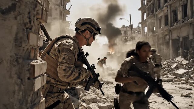 Urban Soldiers Demonstrating Resilience in a Modern Cityscape 4K UHD Footage for Corporate Websites and Presentations.