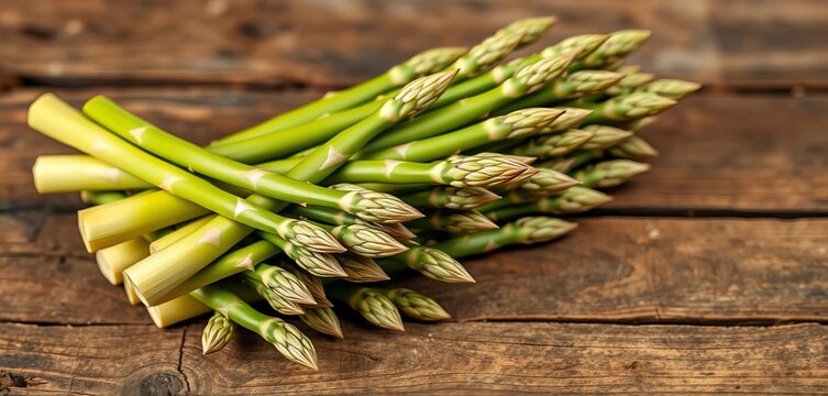 Fresh green asparagus spears, tightly bundled on a rustic wooden surface,  detail,  spears