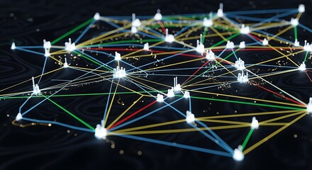 Abstract visualization of a complex interconnected network with glowing nodes and colorful connecting lines on a dark background.