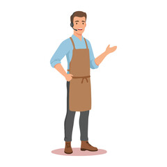 Friendly Male Barista Wearing Apron and Headset Offering Service.
