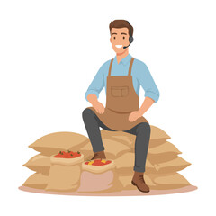 Smiling Man Sitting on Stack of Grain Sacks with Headset.