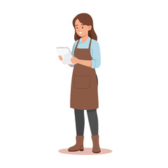 Young Woman in Apron Holding Paper and Tablet.