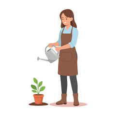 Young woman in apron watering a small potted plant with a metal watering can.