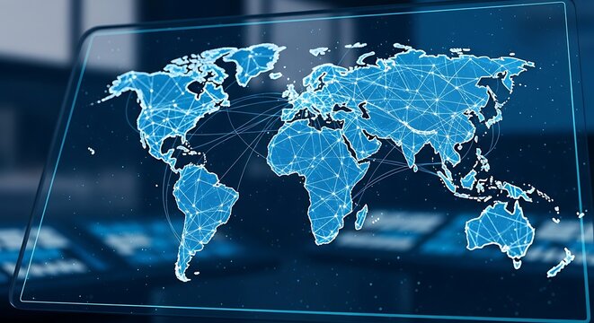 A digital representation of the Earth's continents connected by a network of glowing blue lines, symbolizing global connectivity and data flow.