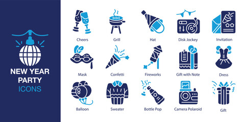 New Year Party icon set. Containing countdown, midnight, fireworks, champagne, toast and more. Solid vector icons collection. Vector illustration.