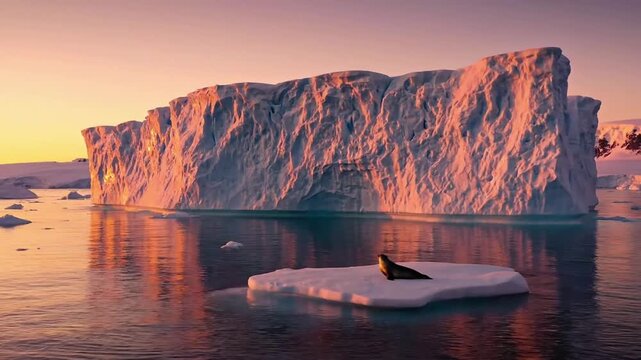 Dynamic environmental changes, illustrating the slow melt or dramatic calving events of colossal glacial ice masses in an untouched arctic region. Dramatic long shot, showcasing the powerful?