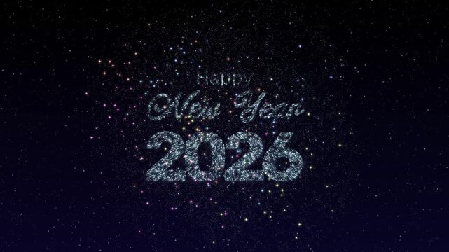 Happy New Year 2026 animation with festive fireworks on starry night sky