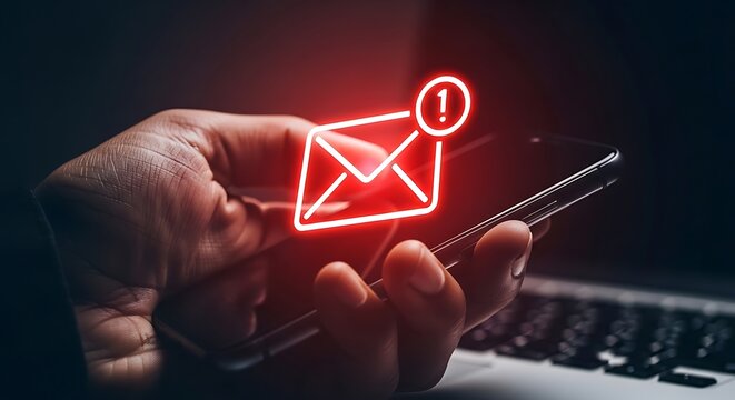 Hand holding smartphone with unread email notification icon glowing red