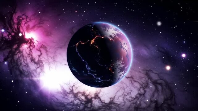 An alien planet glows within a vibrant nebula field, surrounded by distant stars in a dark, endless expanse