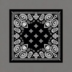 Black bandana with white paisley and skull design