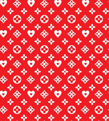 Modern red monogram with white geometric and heart symbols, blending luxury and urban style for bold, sophisticated fashion and accessories
