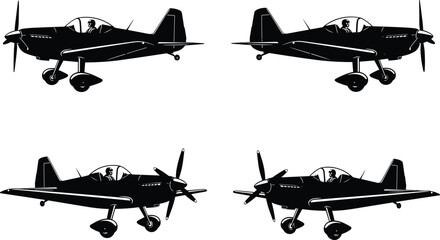 Silhouette of small propeller airplanes, pilot visible, aviation poses, aircraft side views, cockpit detail, landing gear, flight illustration, black aircraft design