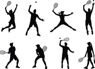 Silhouette of tennis players in action poses, racket motion, athletic stance, black figure, sports illustration, dynamic movement, serve and strike gestures