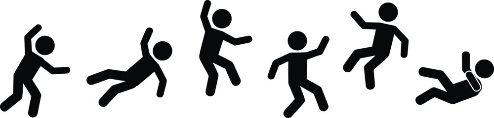 Stick figure falling sequence illustration, black silhouette movement icons, stylized injury progression graphic, dynamic posture design, motion and impact concept art