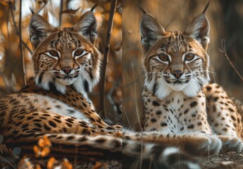 Obraz premium Two Bobcats Resting in Autumn Foliage