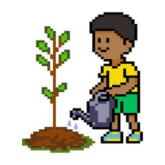 Obraz premium Pixel art man watering plant tree