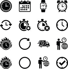 Time and delivery icon set, scheduling symbols, stopwatch, calendar, clock, alarm, refresh, logistics concept, black and white, vector pack