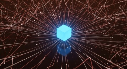 Blue glowing cube radiating digital data lines in abstract network concept