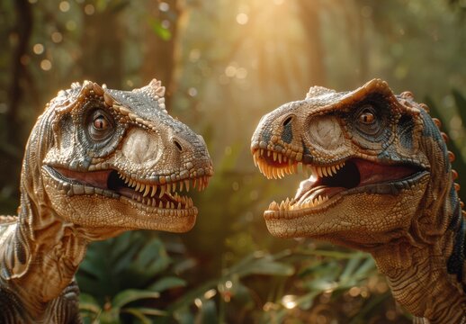 Two Tyrannosaurus Rex Dinosaurs Facing Each Other in a Sunlit Forest - Powered by Adobe