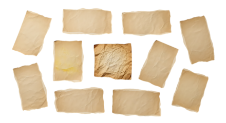 Collection of torn paper pieces vintage style with rough edges isolated on white background for collage or design element