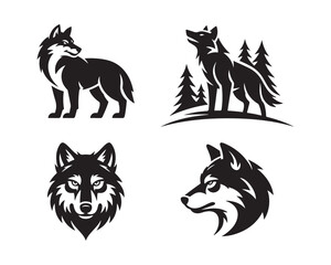 wolf vector silhouette Set, snow mountain silhouette, wolf set collection, wild wolf vector, wolf head vector, mountain landscape vector, wildlife illustration, majestic wolf Collection, wolf emblem s