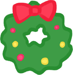 Cute Christmas Wreath Clipart — Hand-Drawn Green Holiday Wreath with Red Bow and Decorations