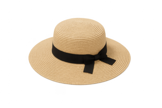 Straw sun hat with black ribbon protecting from summer heat