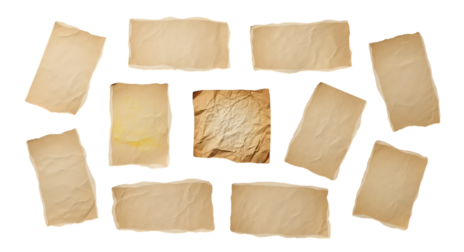 Collection of torn paper pieces vintage style with rough edges isolated on white background for collage or design element