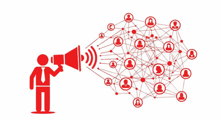 Businessman with a red megaphone broadcasting to a social network.