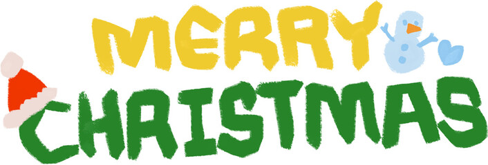 Hand-Drawn “Merry Christmas” Text with Snowman Illustration – Festive Holiday Lettering, Crayon Style Graphic