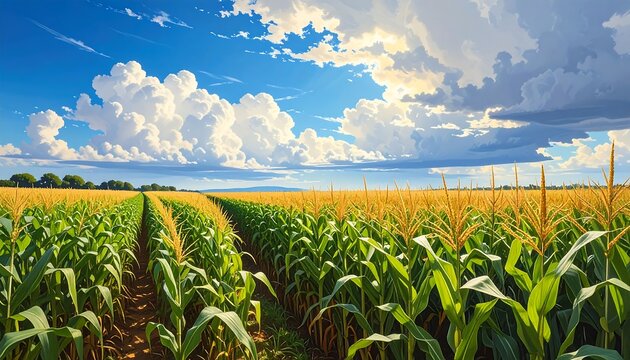 Vast cornfield stretches toward the horizon, under a bright blue sky filled with fluffy, white clouds. Sunlight streams across the scene - Powered by Adobe
