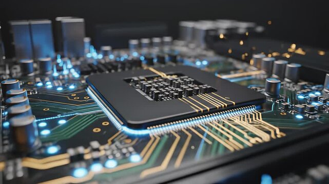 Computer motherboard electronic components technology innovation digital intelligence advancement possibilities concept background 4K UHD.