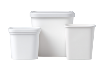 Three white plastic storage containers of varying sizes