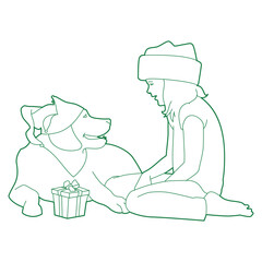 Girl in a Santa hat with a dog and a present.