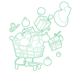 Overflowing shopping cart with holiday gifts and ornaments