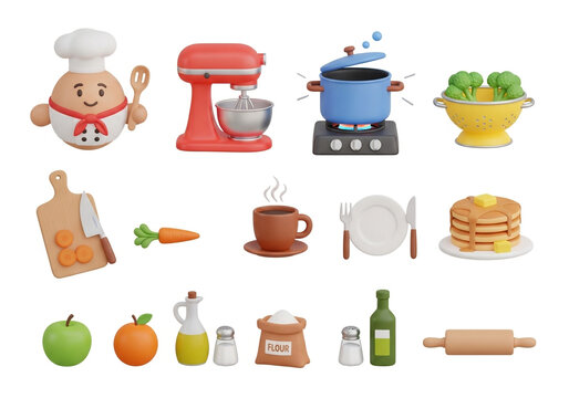 Whimsical 3D cartoon kitchen essentials and chef character collection for culinary design and food-themed projects