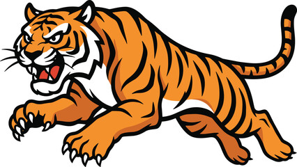 Aggressive tiger illustration, dynamic pose, roaring feline, bold stripes, vector art, predator energy, mascot concept, wild animal, power and agility